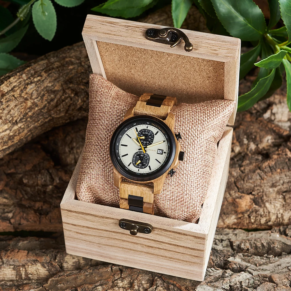 New Oak Wood Quartz Men\'s Watch 3ATM Waterproof BOBO BIRD Multifunctional Chronograph Fashion Relogio Masculino Birthday Gift