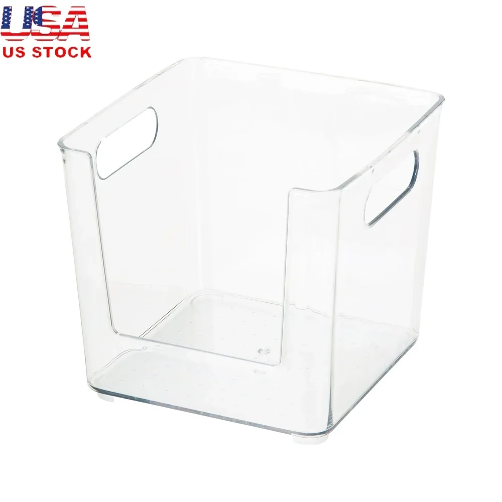 صندوق منظم للتخزين مربع مفتوح من الأمام، حامل شفاف متعدد الأغراض، المطبخ، الحمام، المكتب، سهل الوصول مع مقابض