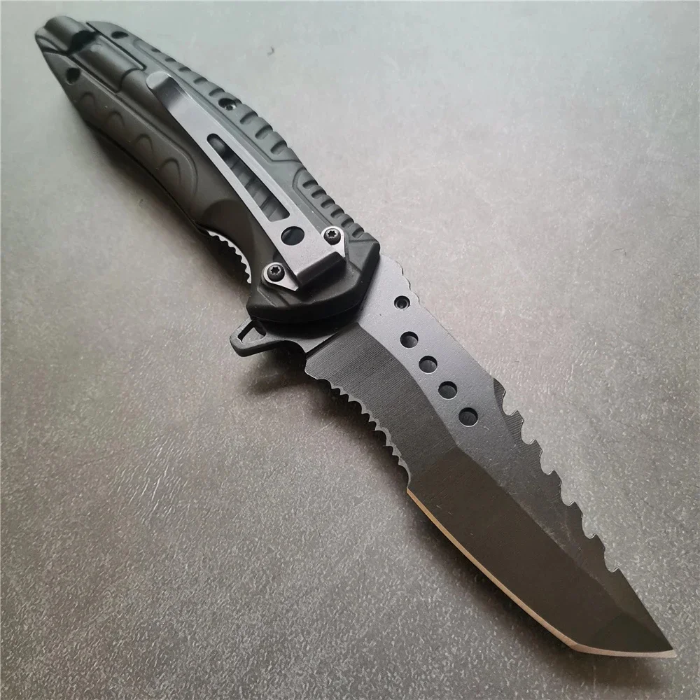 Tactical Folding Knife with Serrated Blade, Glass Breaker & Bottle Opener, EDC Pocket Knife for Men, Outdoor Survival Camping
