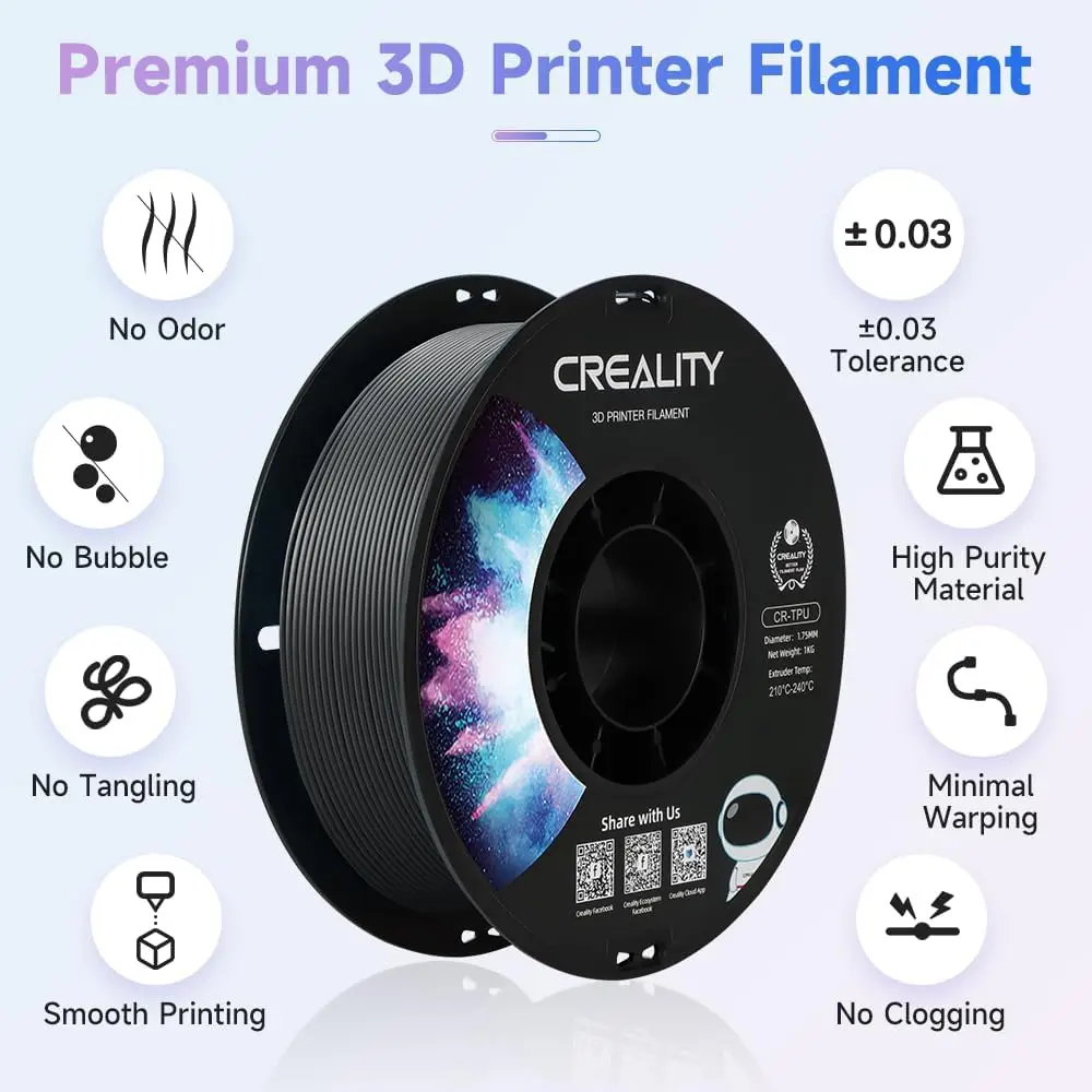 Creality TPU Filament Black Flexible 3D Printer Filament 1kg 1.75mm for Airless Basketball Soft TPU 95A Shore Hardness