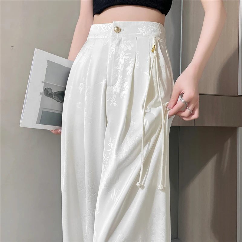 Seoulish New Chinese Style Jacquard Wide Leg Satin Pants for Women Elegant Solid Color Office Lady Women's Casual Pants Female