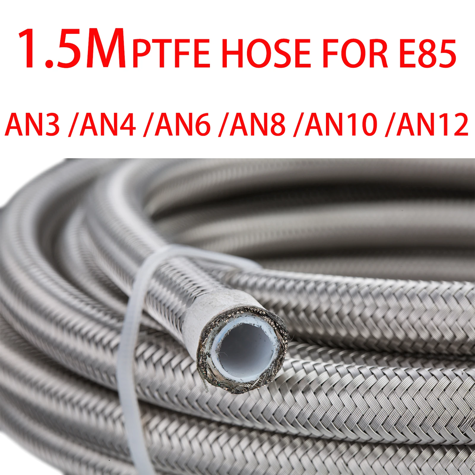 

5FT Universal PTFE Fuel Hose For E85 Oil Gas Cooler Line Pipe Tube Stainless Steel Double Braided AN3 AN4 AN6 AN8 AN10 AN12