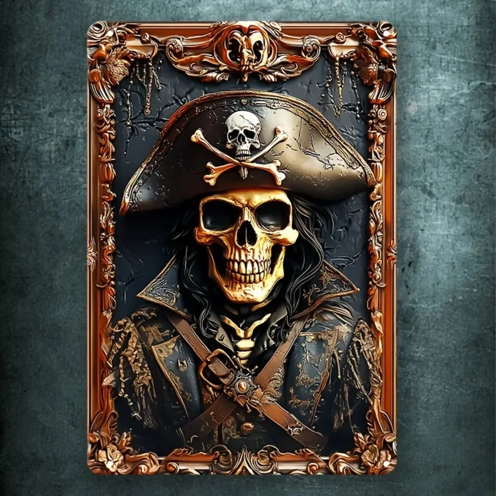 Vintage Pirate Skull Metal Wall Art, 7.9x11.8/11.8x17.7 Inch Aluminum Sign for Home Bar Cafe Garage Decor
