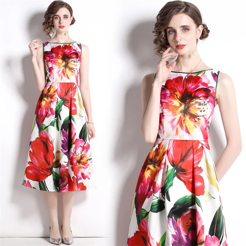 

Occident Elegant Flower Printed Feminino Summer Dresses For Young Lady Bodycon Big Wave Sexy Sleeveless Camisoles Skirts