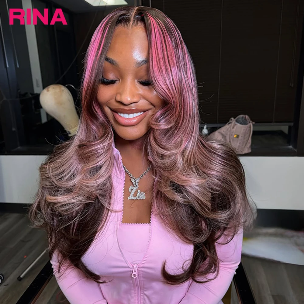 13x6 Highlight Pink Purple Human Hair Wig for Women 180% Density Body Wave 13x4 Lace Frontal Drawstring Glueless Lace Front Wigs
