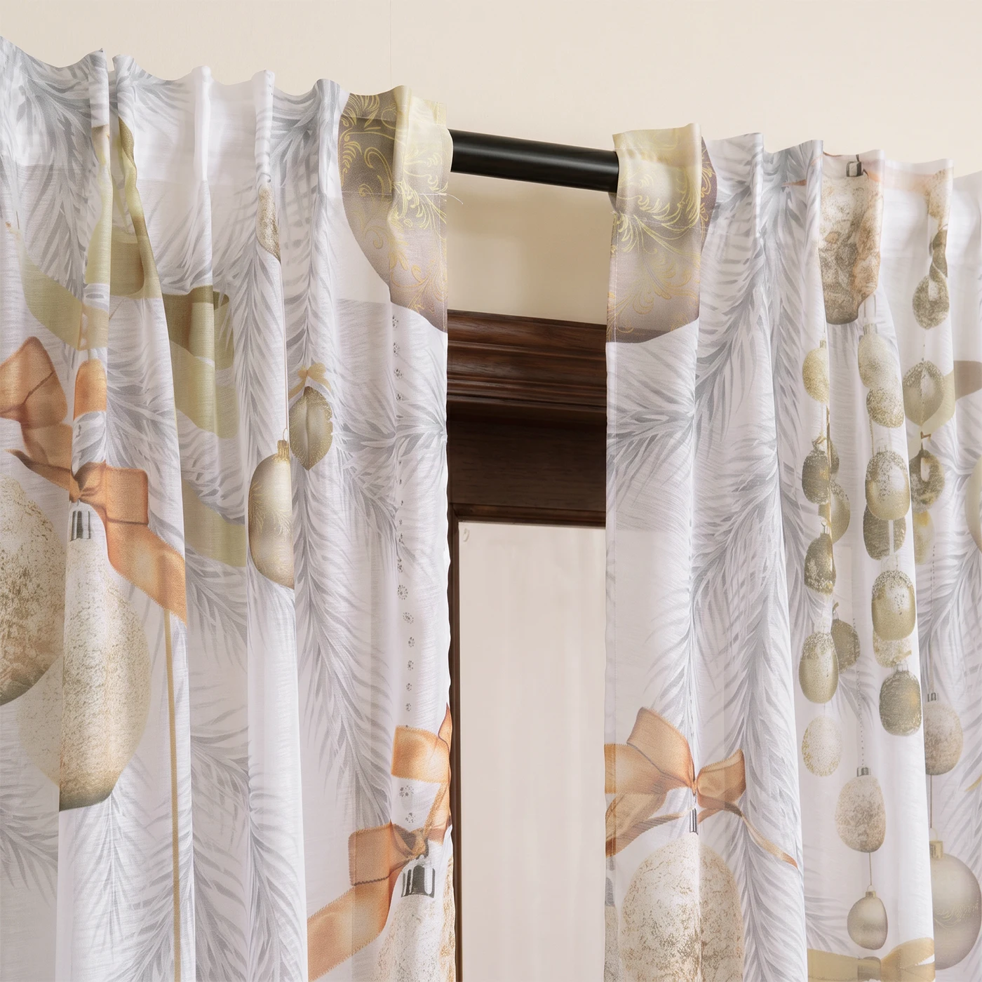 2PCS Xmas Sheer Window Curtains, Golden Bauble Snowflake Print, Rod Pocket Light Filter Drapes, Holiday Housewarming Present