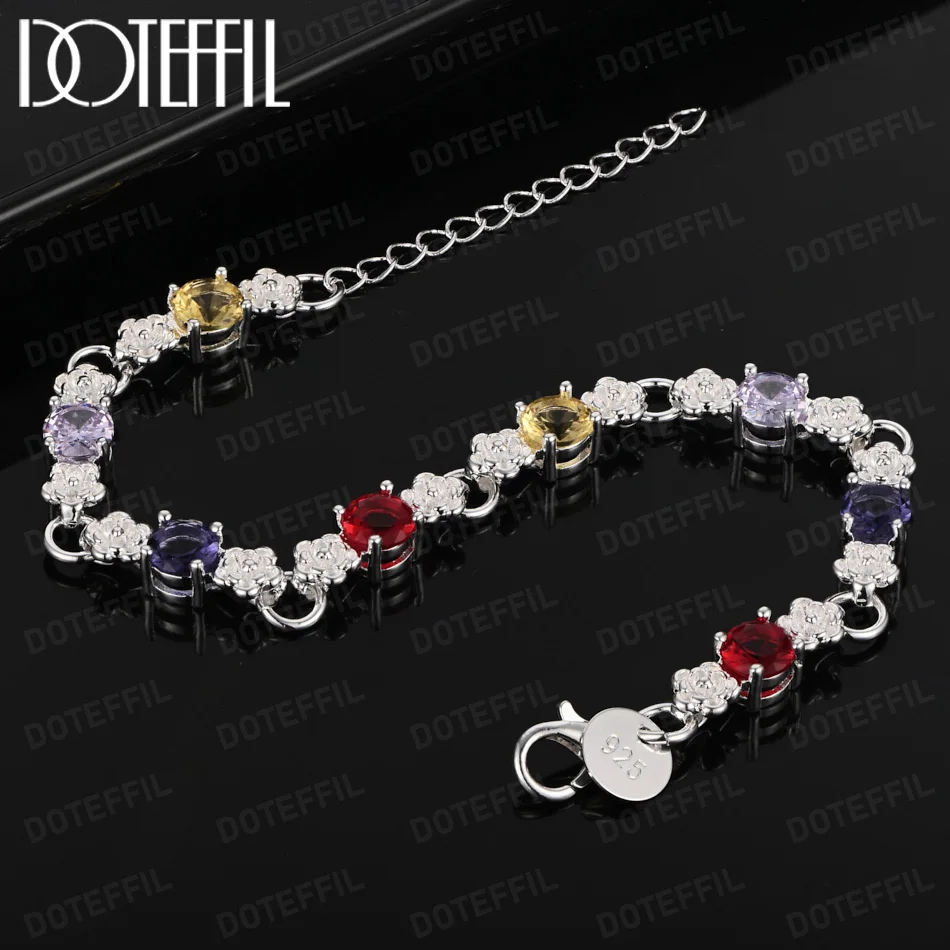 

DOTEFFIL Round inlaid With Multi-color AAA Zircon Bracelet Chain 925 Sterling Silver For Woman Engagement Party Wedding Jewelry