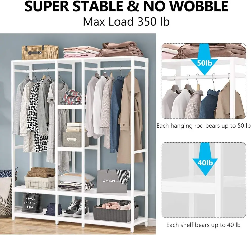 Double Rod Free Standing Closet Organizer, armazenamento de roupas com prateleiras, Garment Rack, Heavy Duty, Roupeiro
