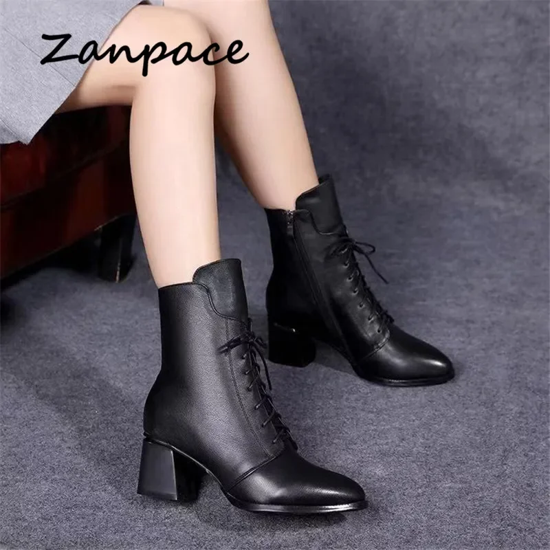 2021 New Leather Women Boots Thicked Velvet PU Women Shoes Women\'s High-heeled Cotton Keep Warm Winter Boots Zapatos De Mujer