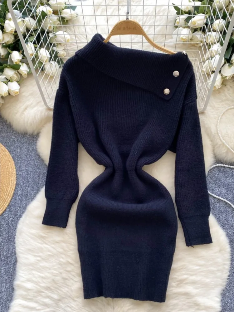 Y2k White Knitted Dresses for Women Fashion Sexy Long Sleeve Sweater Dress Autumn Korean Elegant Bodycon A Line Mini Vestidos