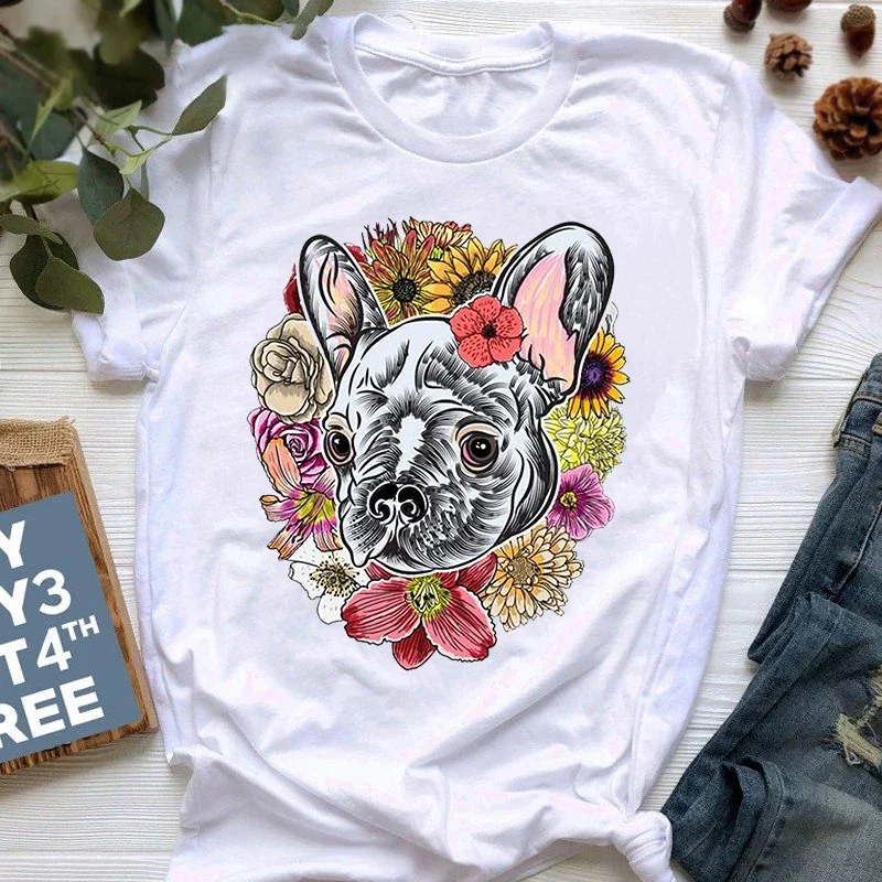 

New Summer French Bulldog T Shirt Women Cute Cartoon Pit Bull Tee Shirt Top Female France Shepherd T-shirts Short Sleeve