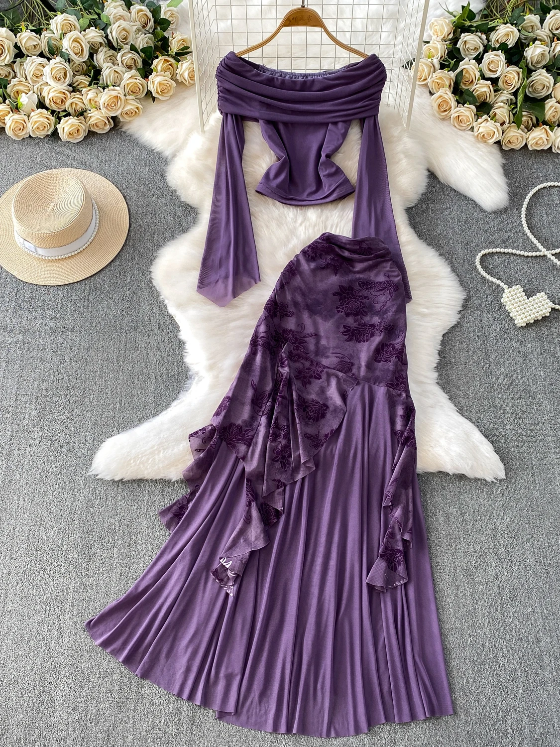 

European Sle Pleated One oulder Flared Sve Long Dr Set Women's Slimming Drapey Me Splicing Lace Trim Skirt Suit