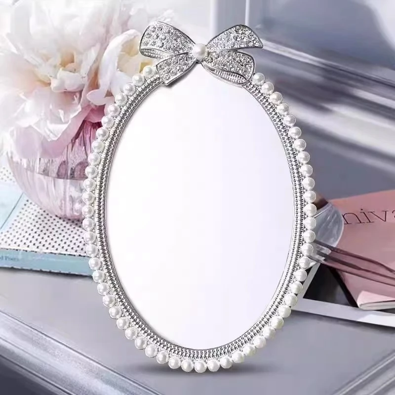 

7-inch Single Face Pearl Decor Metal Frame Silver Plated Tabletop Makeup Mirror Decorative Mirrors For Fashion Room Decor J16