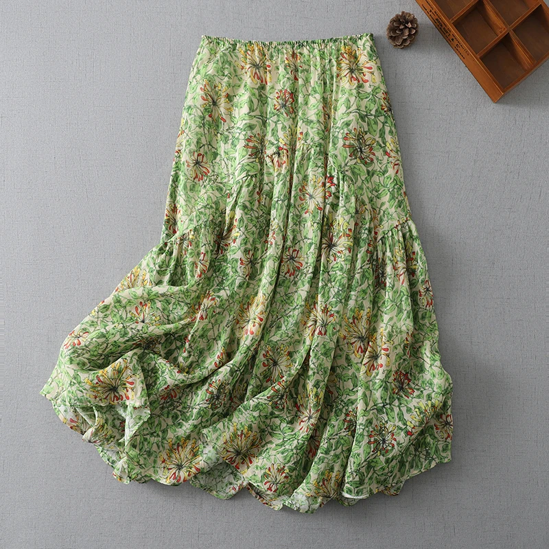 

Summer Green Floral Print Midi Skirt Women's Loose Fit Korean Artistic Style Half-length Versatile Cotton Polyester Blend