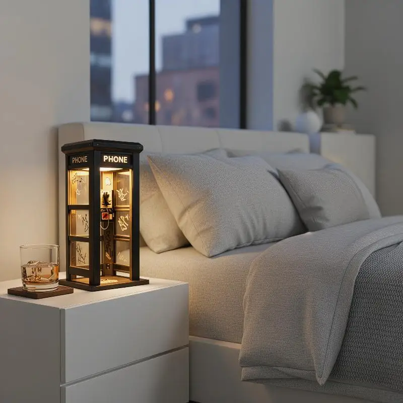 

Retro Vintage Tall Phonebooth Lamp – Mini Telephone Booth Ambient Desk Light For Home Decor, Classic Design