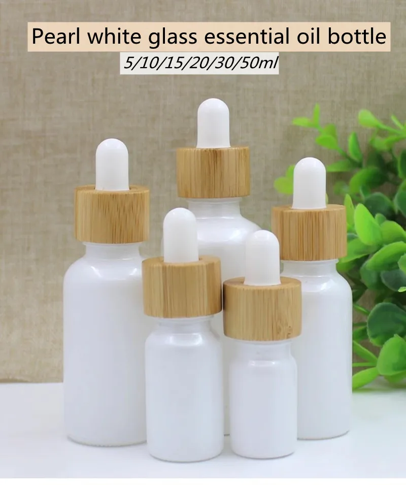 

10/30pcs 5ml -50ml Pearl White Glass Dropper Bottles With Bamboo Lid Empty Perfume Bottle Essential Oil Attar Oil Bottles