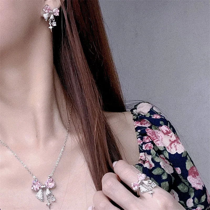 S925 pure silver bow tie set earrings, rings and necklace - pink color - unique and dazzling starry effect for young girls