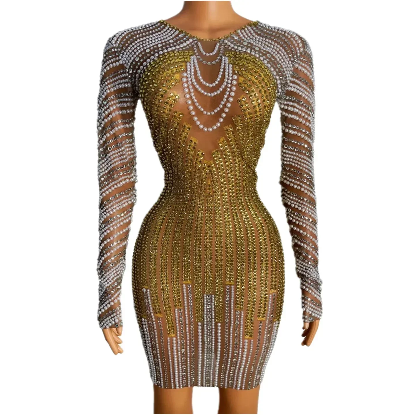 Gold Shining Rhinestones Pearls Sexy Long Sleeves Sheath Dress For Women Nightclub Party Clothing Birthday Prom Stage Costume