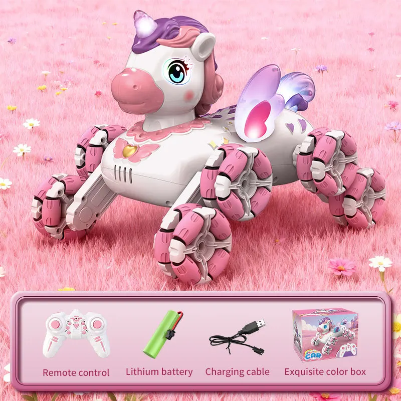 لعبة يونيكورن ذات 8 عجلات للتحكم عن بعد - مع إضاءة وموسيقى، تصميم وردي جذاب، مثالية للفتيات