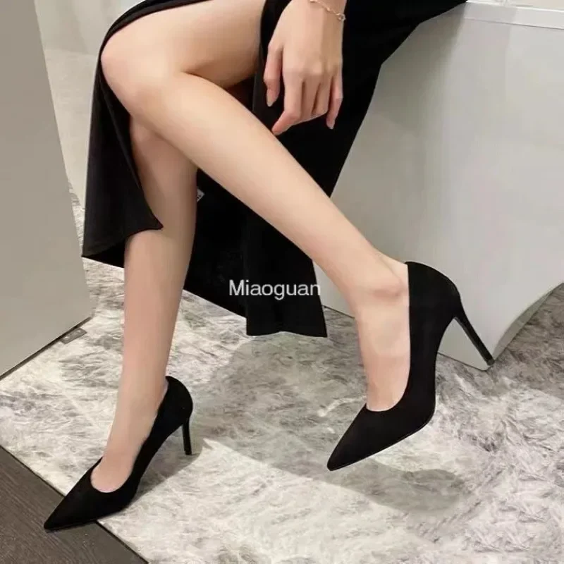 Women\'s Shoes Concise Flock High Heels Woman Pumps Pointed Toe Classic Black Sexy Party Ladies Wedding Shoes Office Big Size 43