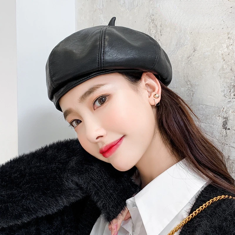 

Fashion Beret Female PU Leather Winter Hat Korean Version Black British Retro Hats Pumpkin Painter Octagonal Cap gorras hombre