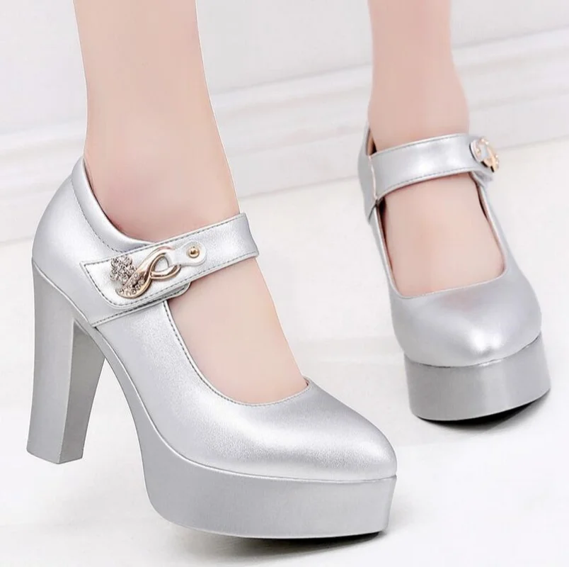 

Women High Heels Block Heels Black Silver Wedding Shoes Women Pumps Rhinestone 10cm Party Dress Shoe Plus Size 33-44