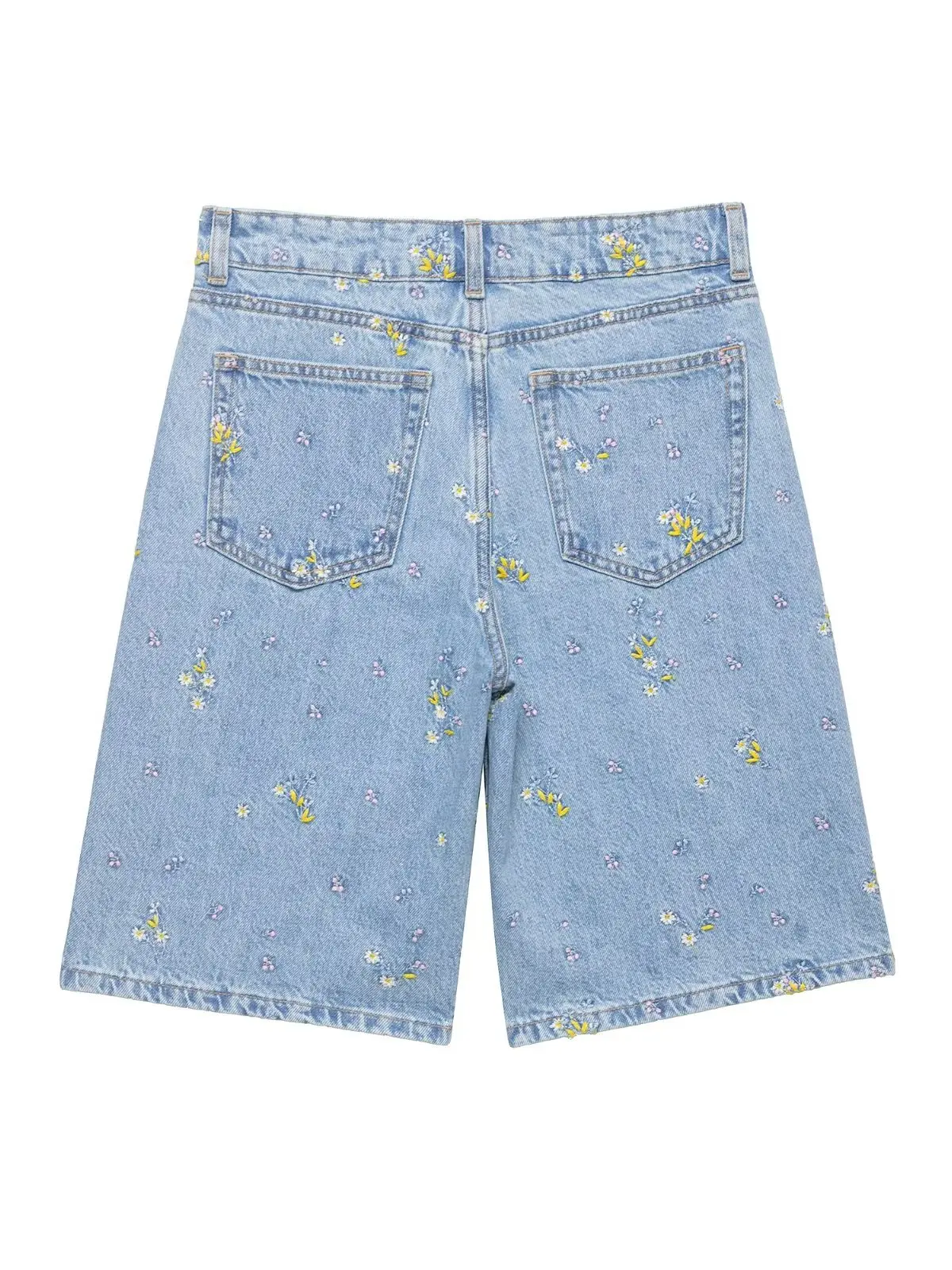 High Waist Embroidered American Style Denim Shorts Women's Summer Loose Five-Point Wide Leg Pants Straight Cut Jeans