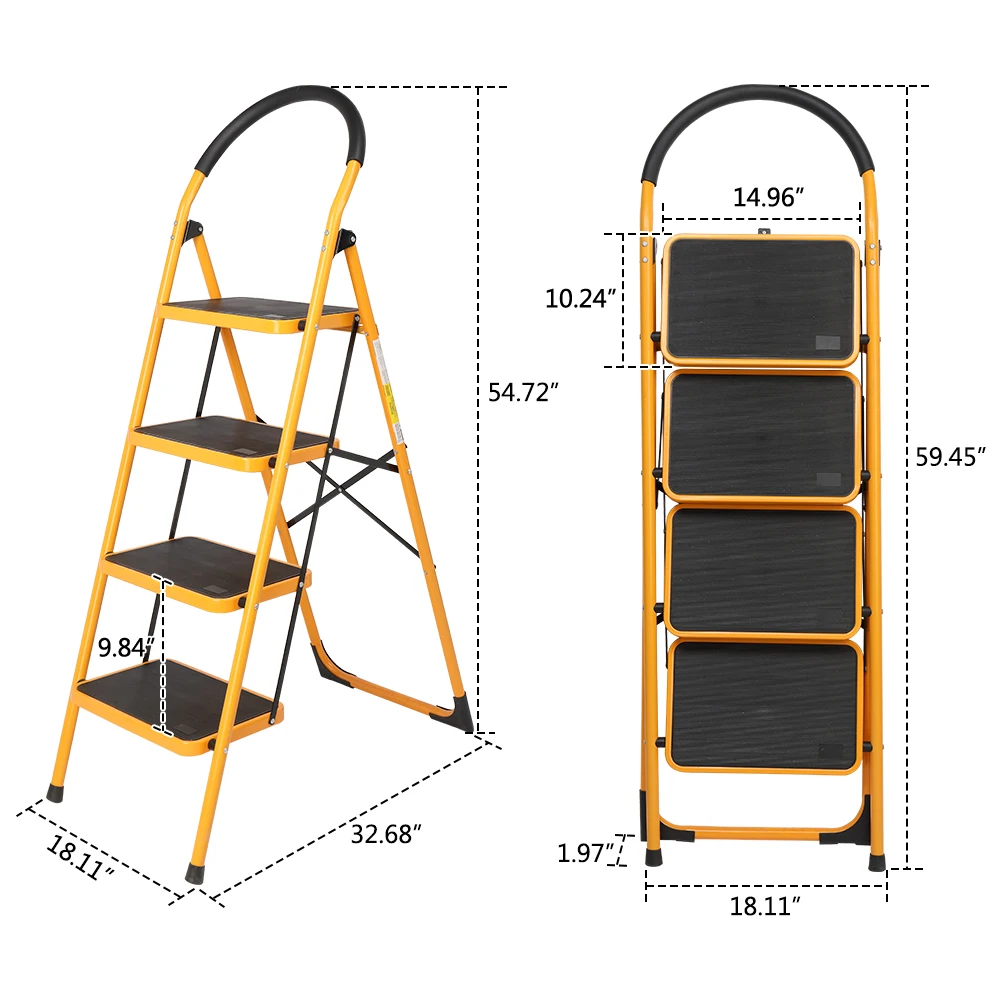 3/4 Step Ladder Iron Frame Folding Step Stool Yellow[US-Stock]