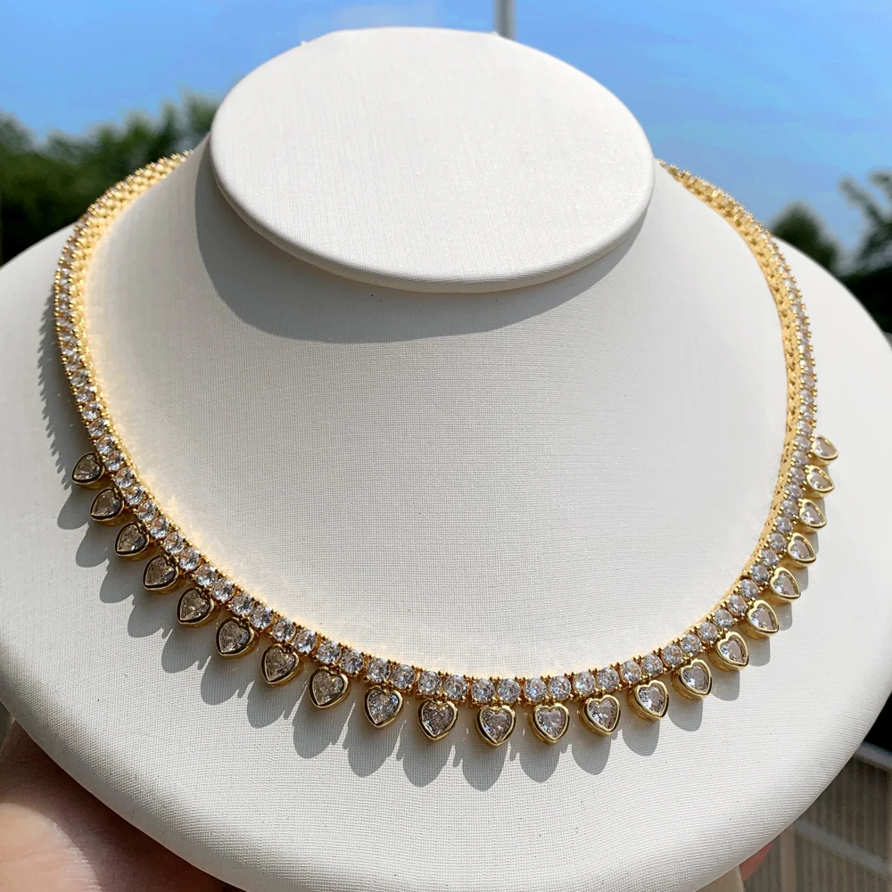 2026 Valentine\'s Day 3 Color Bezel Heart Shaped Charm 3MM CZ Tennis Chain 16inches Choker Women Iced Out Bling Necklace