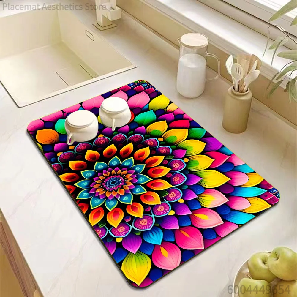 Colorful Boho Floral Swirl Print Super Absorbent Drying Mat Waterproof Kitchen Counter Tableware Drain Pad Decor Placemat