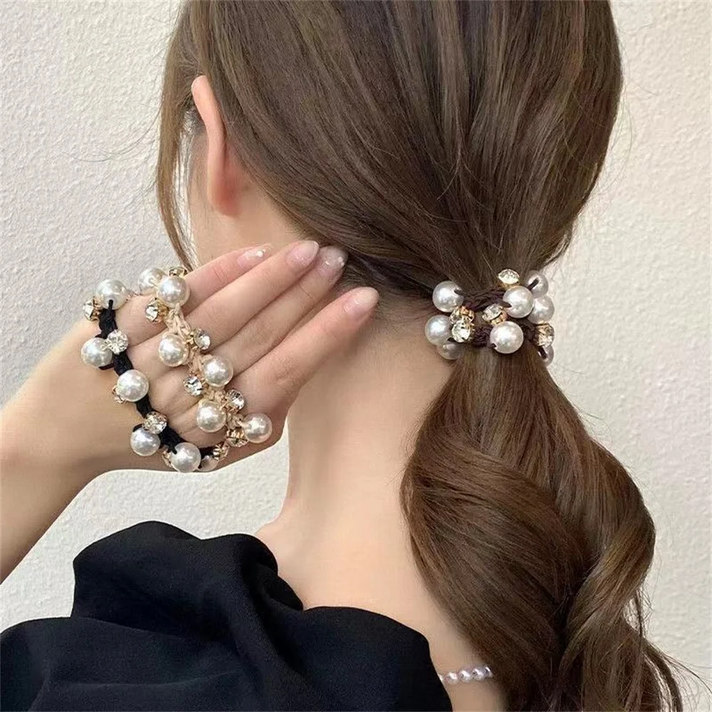 Fashion Pearl Crystal Rhinestone Hair Rope For Women Rough Tie Ponytail Ins Hair Ring Net Red Tie Simple Woven Elastic Headrope