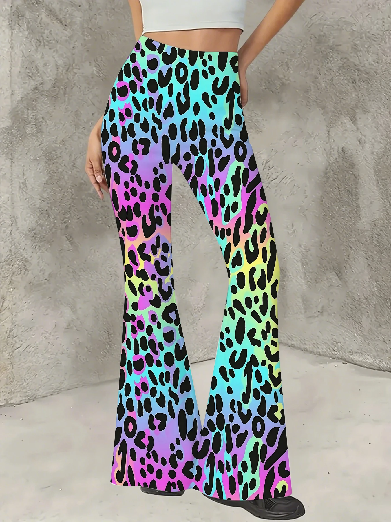 

Women's Print Flare Pants Casual High Waist Knit Bell Bottom Trousers Boho