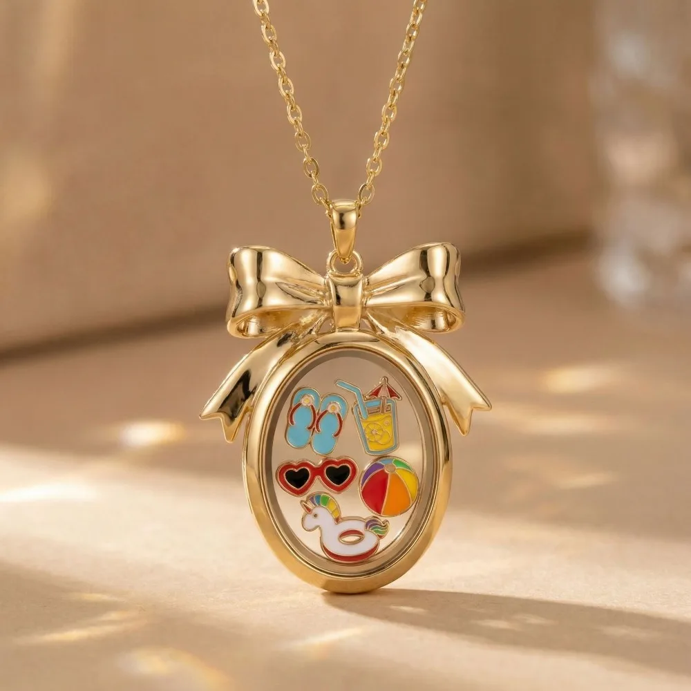 

Gold Plated Summer Theme Locket Necklace, Bow Knot Photo Pendant with Interchangeable Enamel Charms for Women