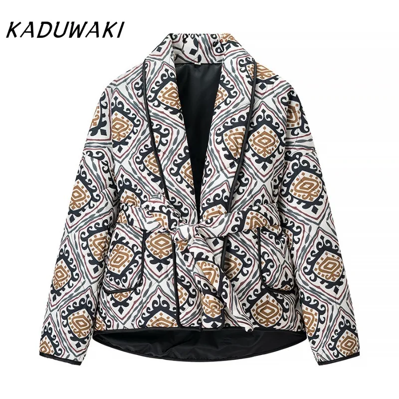 

KADUWAKI American Retro Autumn/Winter Vintage 2000s Style Women's Fashion Top Casual Versatile Print Loose Cotton Cardigan Coat