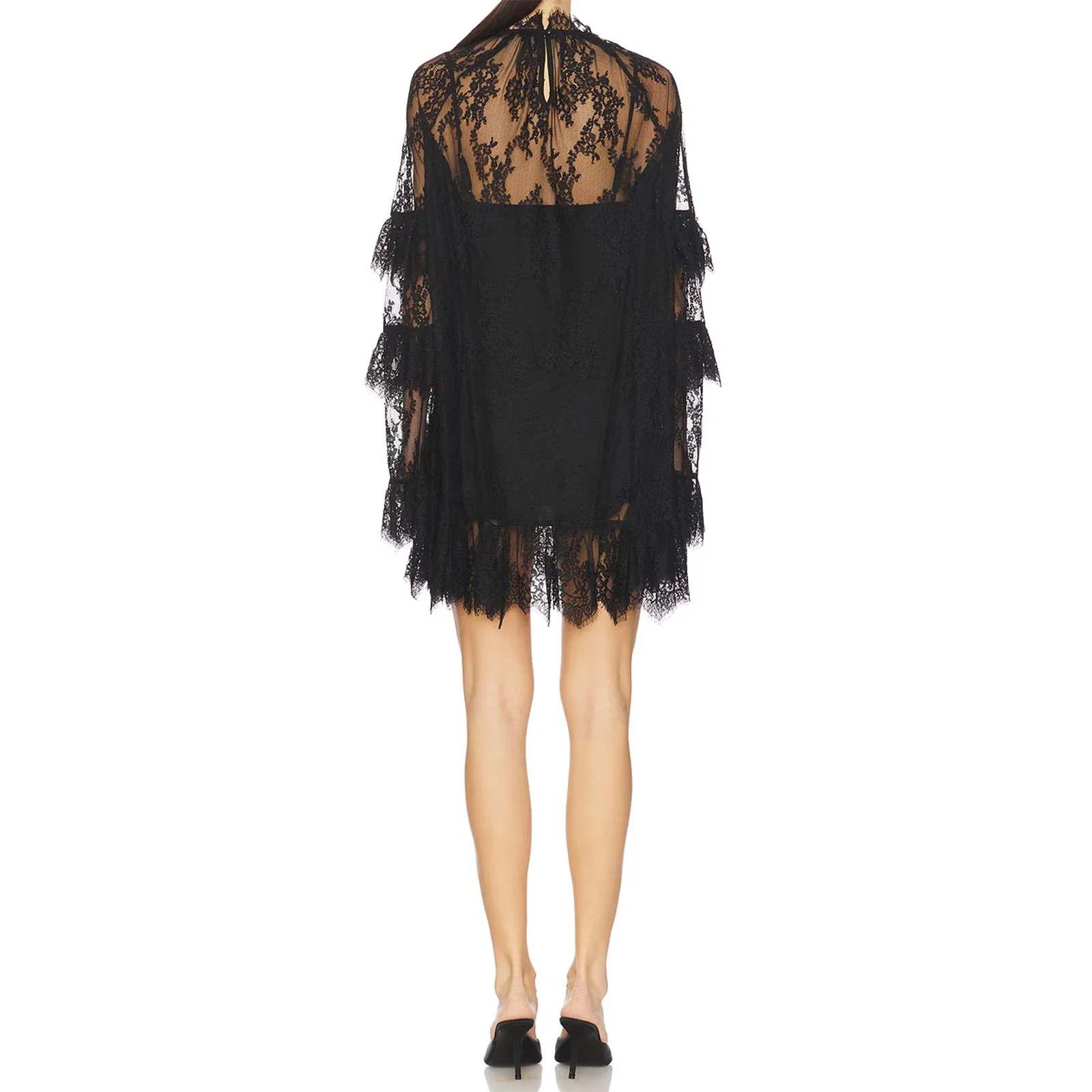 Damen-Cocktailkleid mit Blumenspitze, durchsichtig, gerüscht, langärmelig, hoher Rollkragenpullover, transparenter ausgestellter Saum, kurzes Mini-A-Linien-Kleid