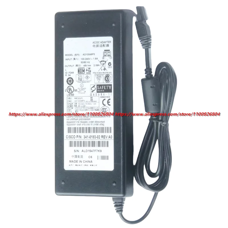 Used Genuine AD10048P3 AC/DC Adapter 48V 2.08A 2-pin Charger for Cisco ASA5505 PSU 341-0183-01 ASA5505-PWR-AC 341-0183-02