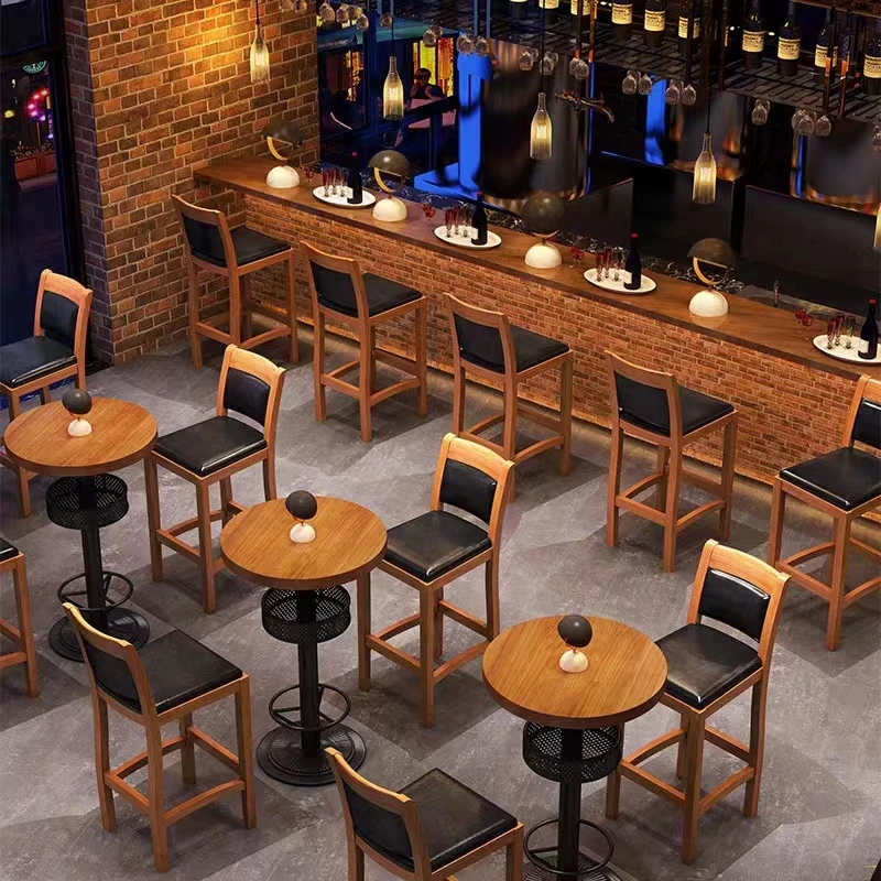 Kursi tinggi kayu bergaya modern klasik industrial, set meja bundar tinggi dengan penyimpanan, furnitur bar