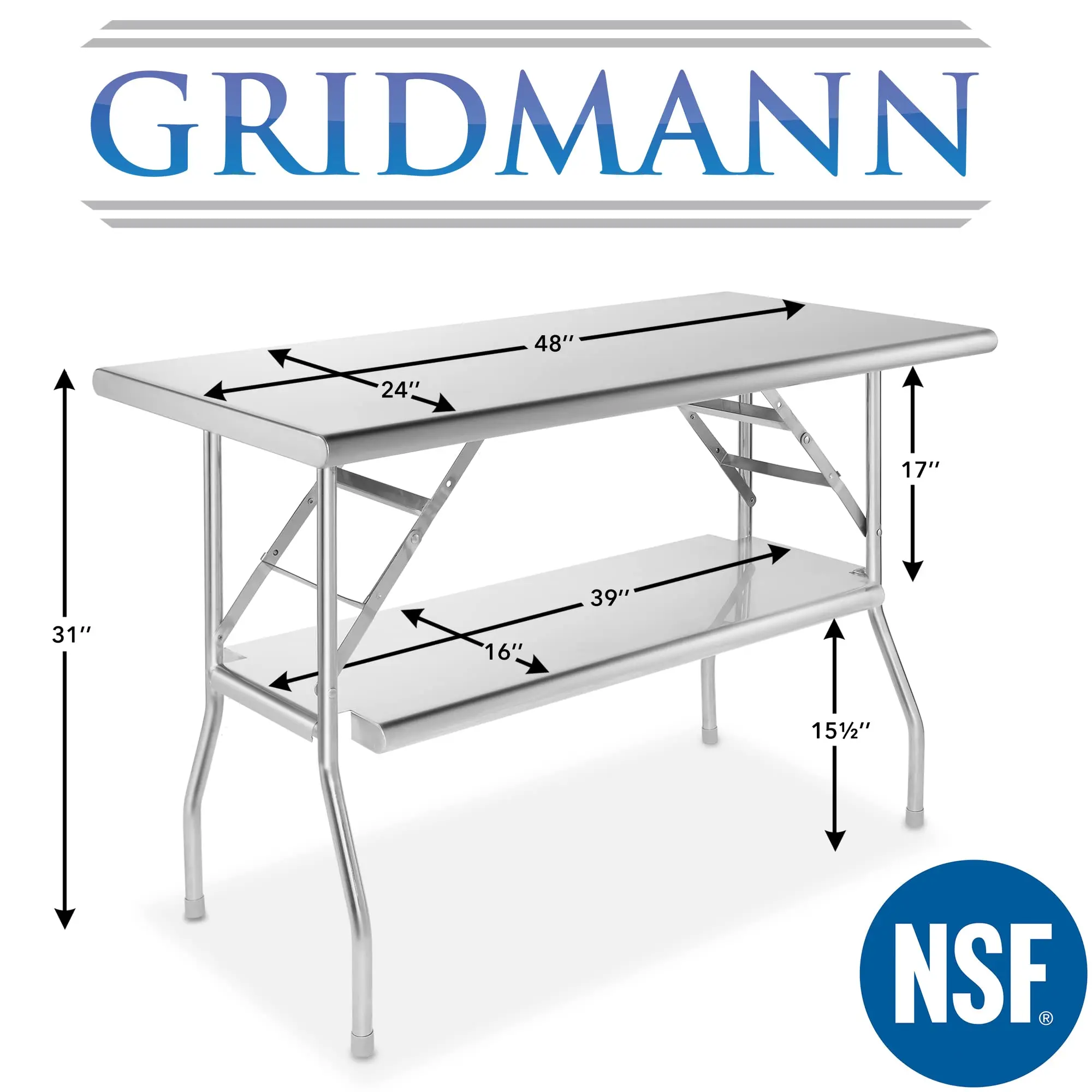 Stainless Steel Folding Table 48 x 24 Inch with Under Shelf, NSF Kitchen Prep & Work Table