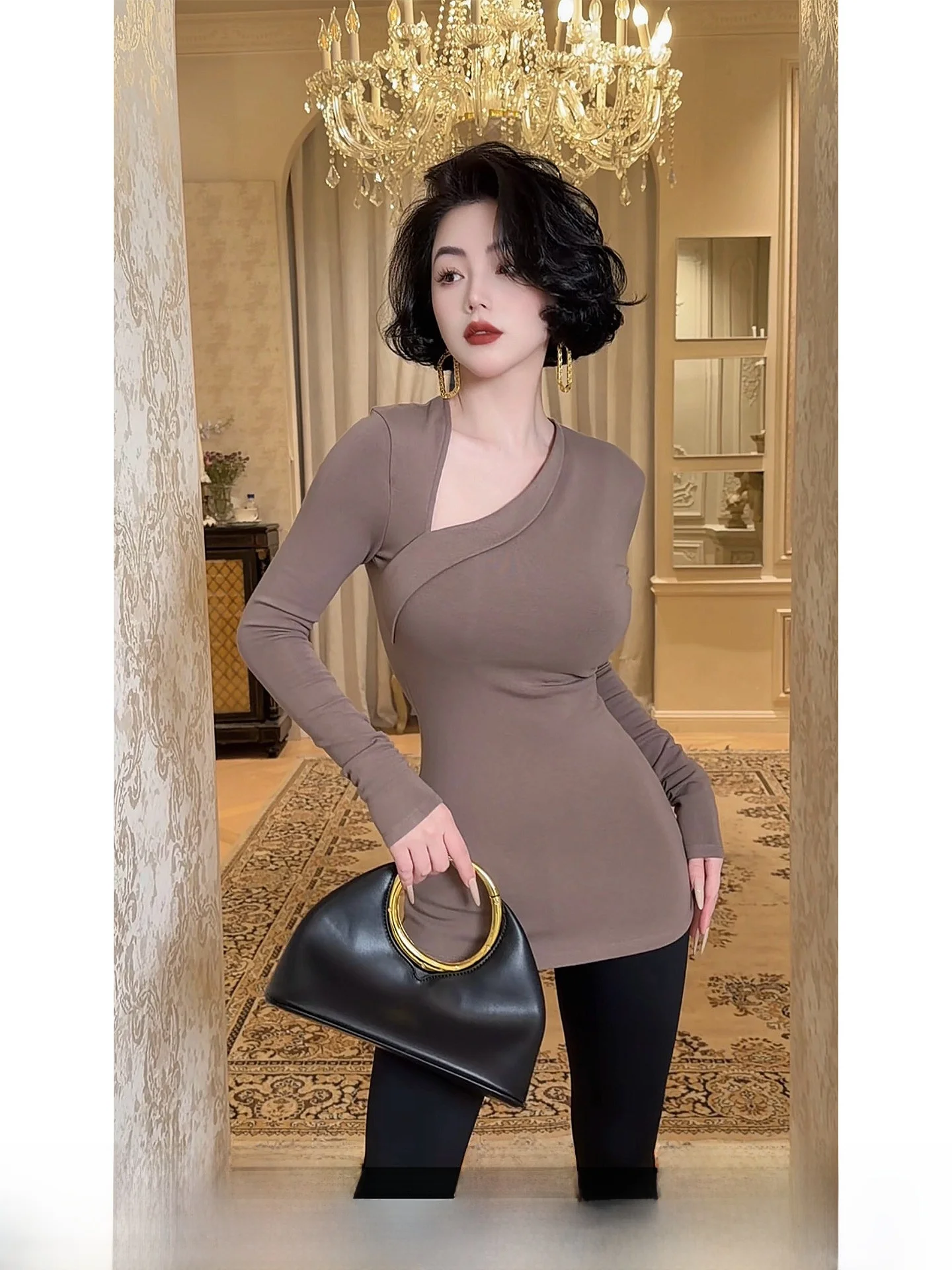 

Женская приталенная футболка Sulike с асимметричным воротником, базовый слой, для ношения как под одежду, так и поверх нее, повседневная, с длинным рукавом