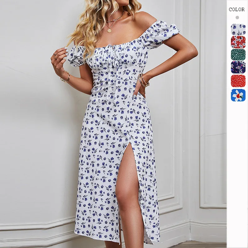 Independent Shooting of 2024 European and American Spring and Summer Amazon New Bandeau Tie Open Back Puff Sleeve Printed Dress