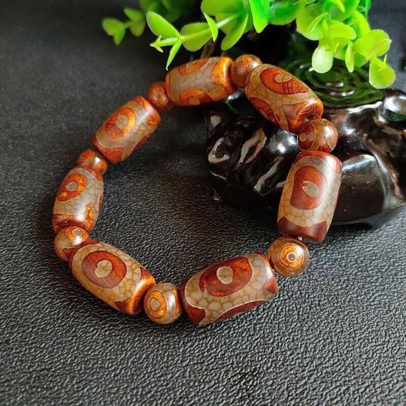 Natural Tibet Genuine Three Nine Eyes Old Buddha Beads Bracelet to Pure Chalcedony Agate Rough Stone