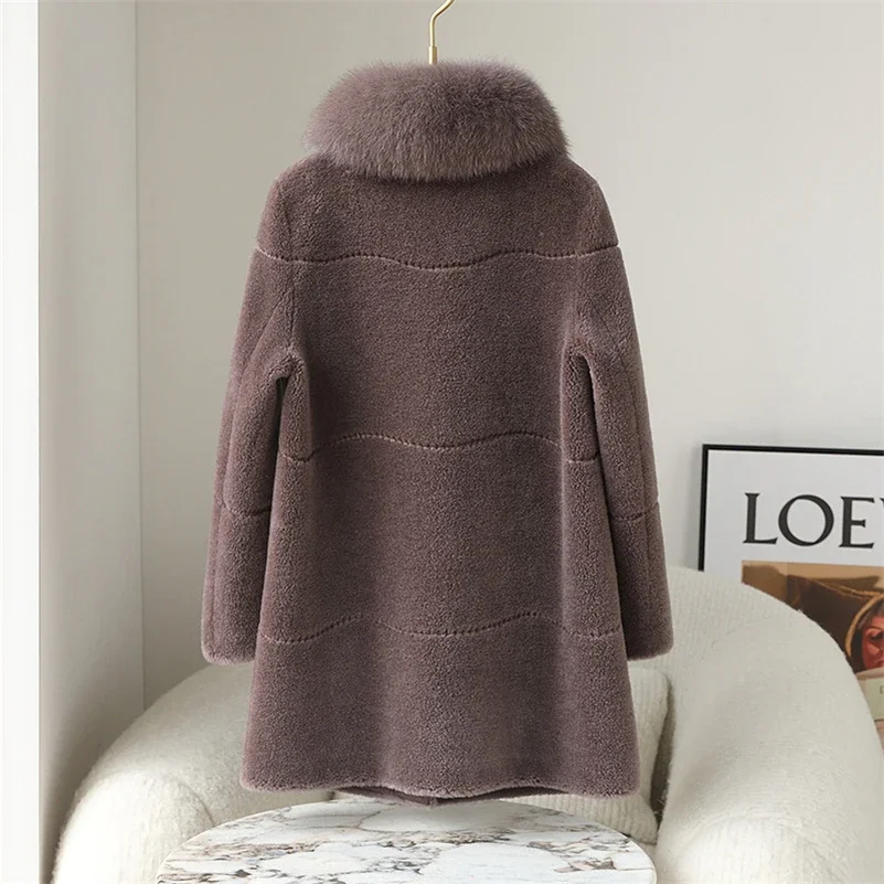 Women Winter Long Wool Fur Coat Jacket Female Fox Fur Collar Coats Lady Over Size Parka Trench CT249