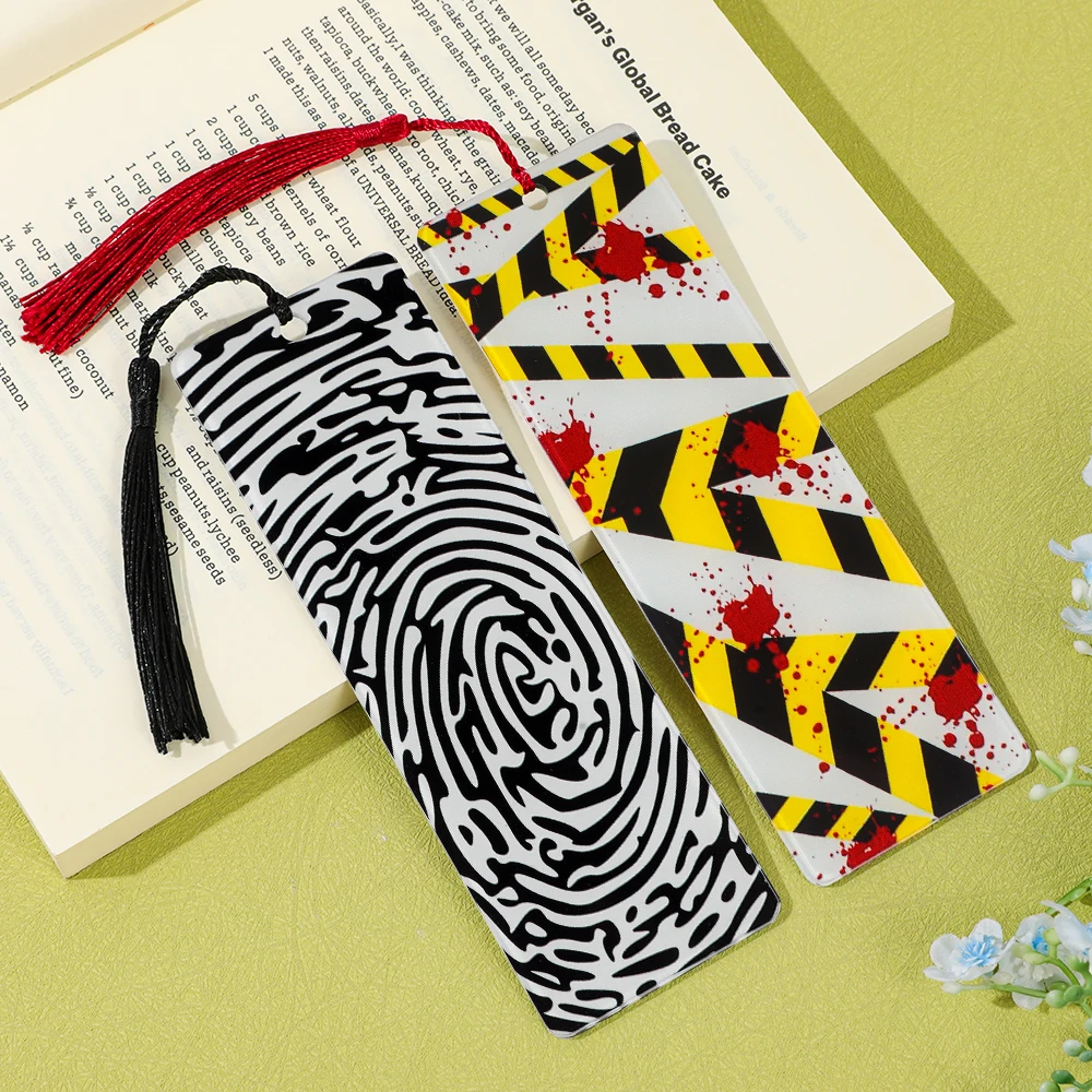 Horror Crime Scene Acrylic Bookmarks with Tassel Fingerprint Blood Splatter Book Mark Mystery Thriller Gift for Book Lovers - zdjęcie 1