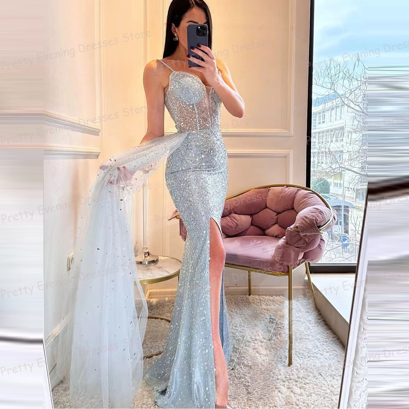 

2024 Sexy Sequined Evening Dresses Woman's Mermaid Sparkle Side High Split Prom Growns Sleeveless Spaghetti Strap Party Vestidos