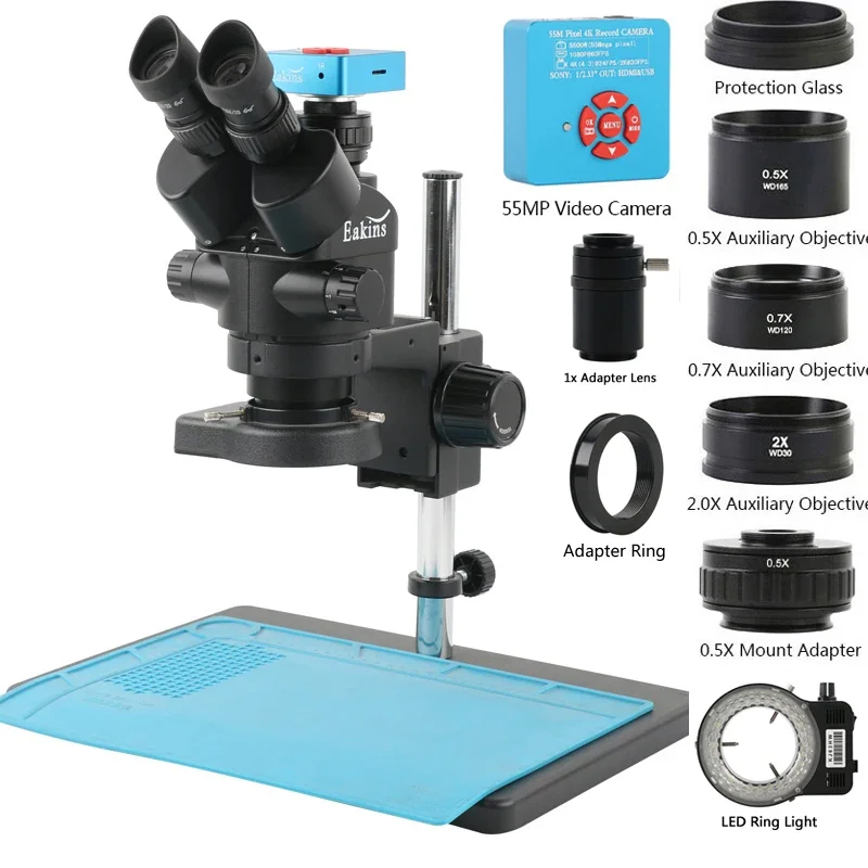 Conjunto de Microscópio Trinocular Estéreo Zoom de 35-90x 2k 4k 48mp 55mp Hdmi Usb Câmera de Vídeo 1x 07x 05x 2x Lente Objetiva Auxiliar