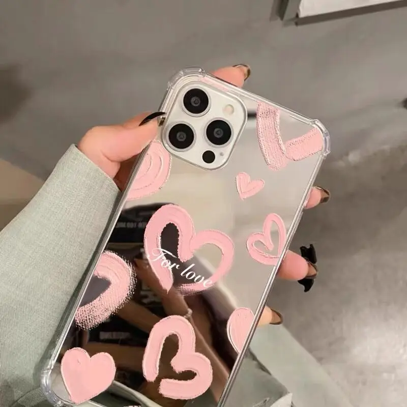 Mirror Love Heart Pattern Phone Case For iPhone 16 11 13 Pro Max 12 14 15 Pro Max 7 8 Plus Make Up Mirror Silica Gel Back Cover