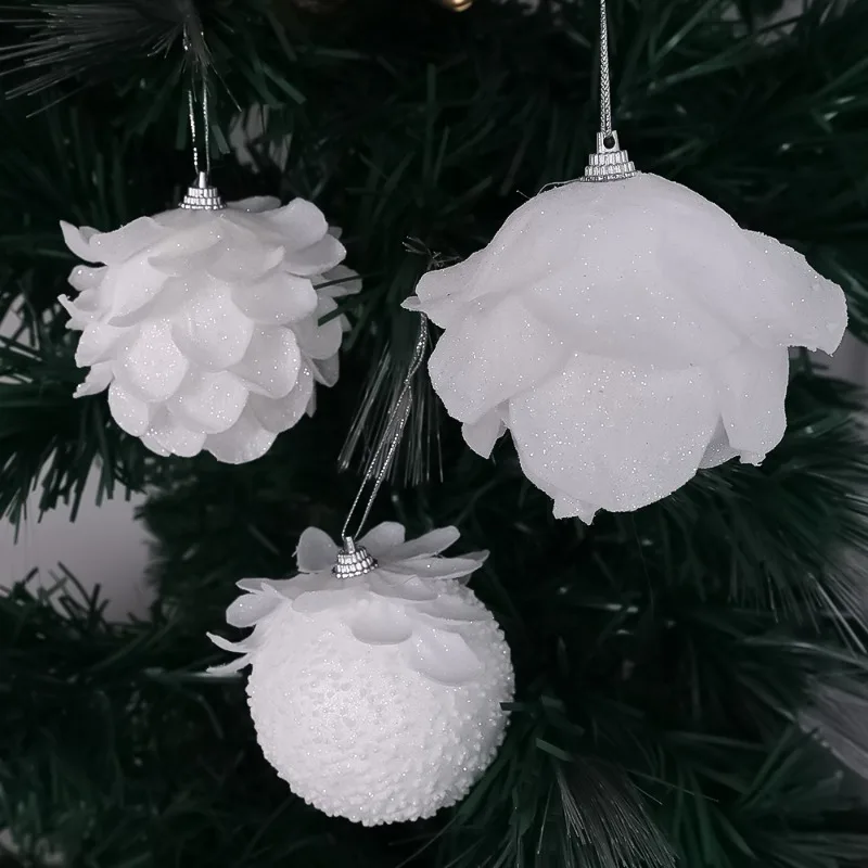 9/3x Christmas Tree Ornaments White Glitter Petal Shape Balls Foam Snow Ball Sparkling Foam Flower Hanging Decorations for Tree