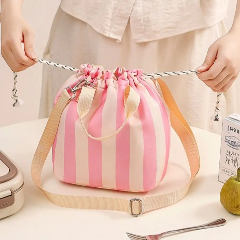 Color Block Drawstring Lunch Box Bag Striped Aluminum Foil Liner Picnic Bag Adjustable Detachable Shoulder Strap Drawstring