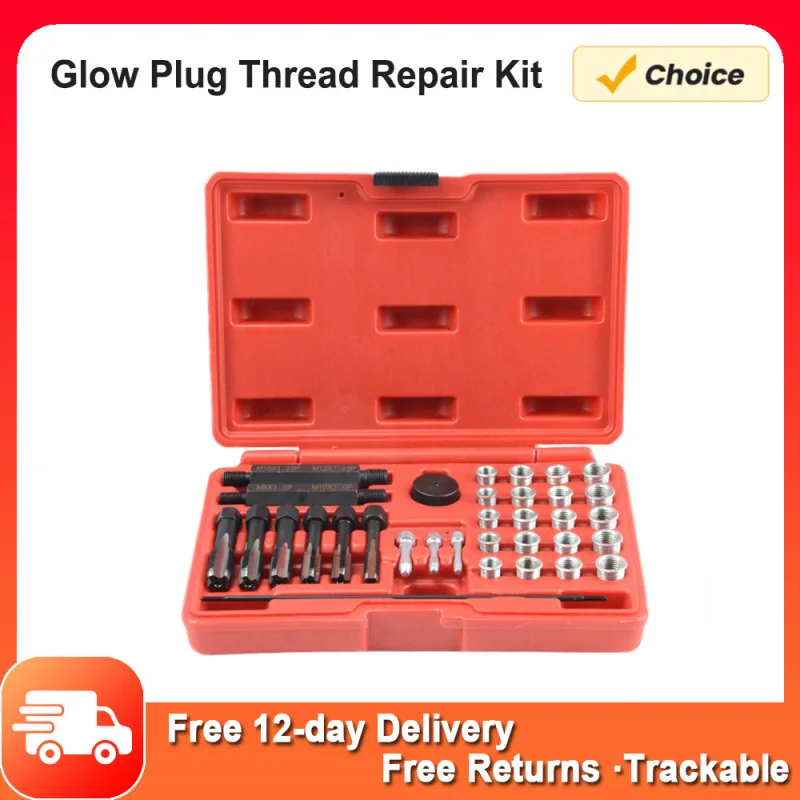 33PCS Glow Plug Thread Repair Kit, Steel Thread Repair Tool Cylinder Head Glow Plug Tap Thread Re-threading Repair /Restore Tool