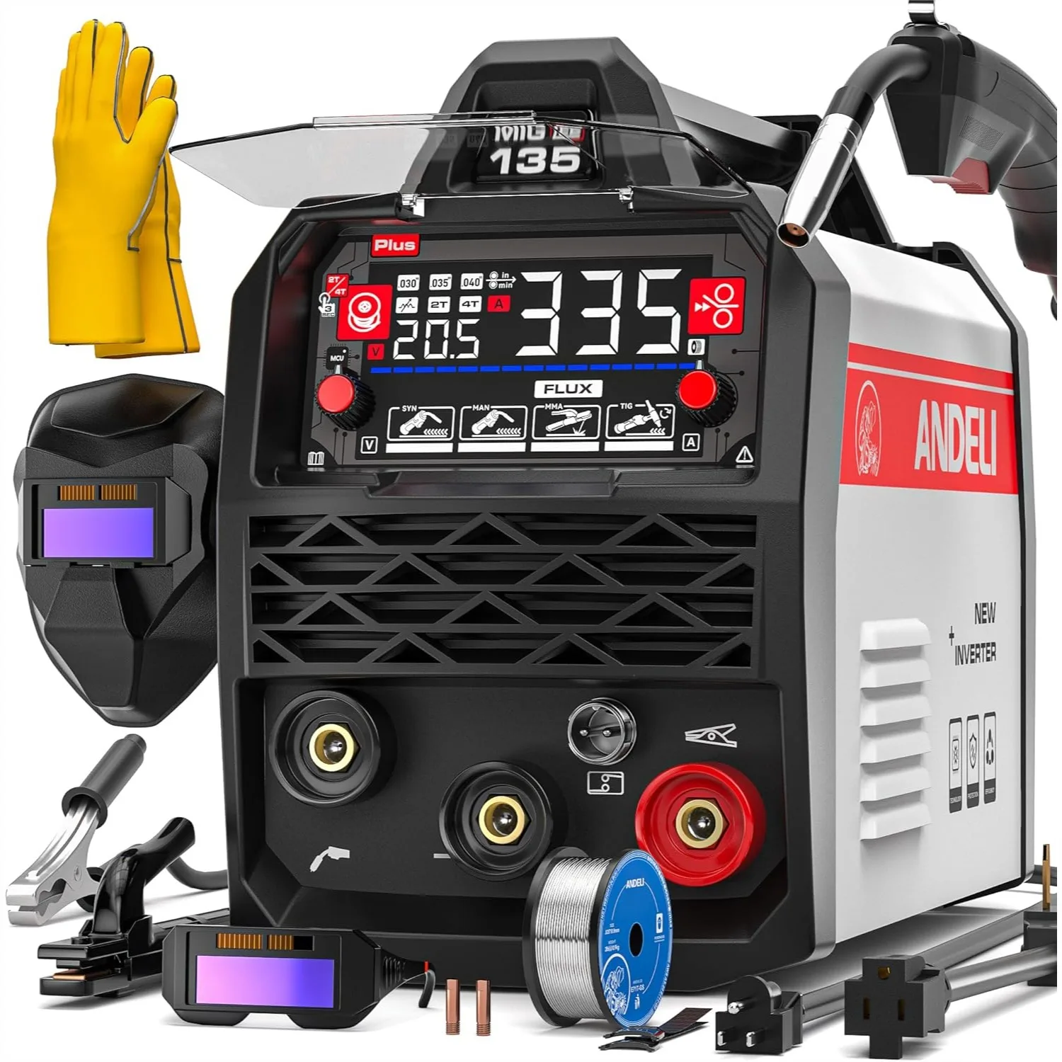 

135A MIG Welder 110V/220V, 4-in-1 Pulse Flux Core MIG/Lift TIG/Stick Welding Machine with Synergy, Large LED Display, 2T/4T Full